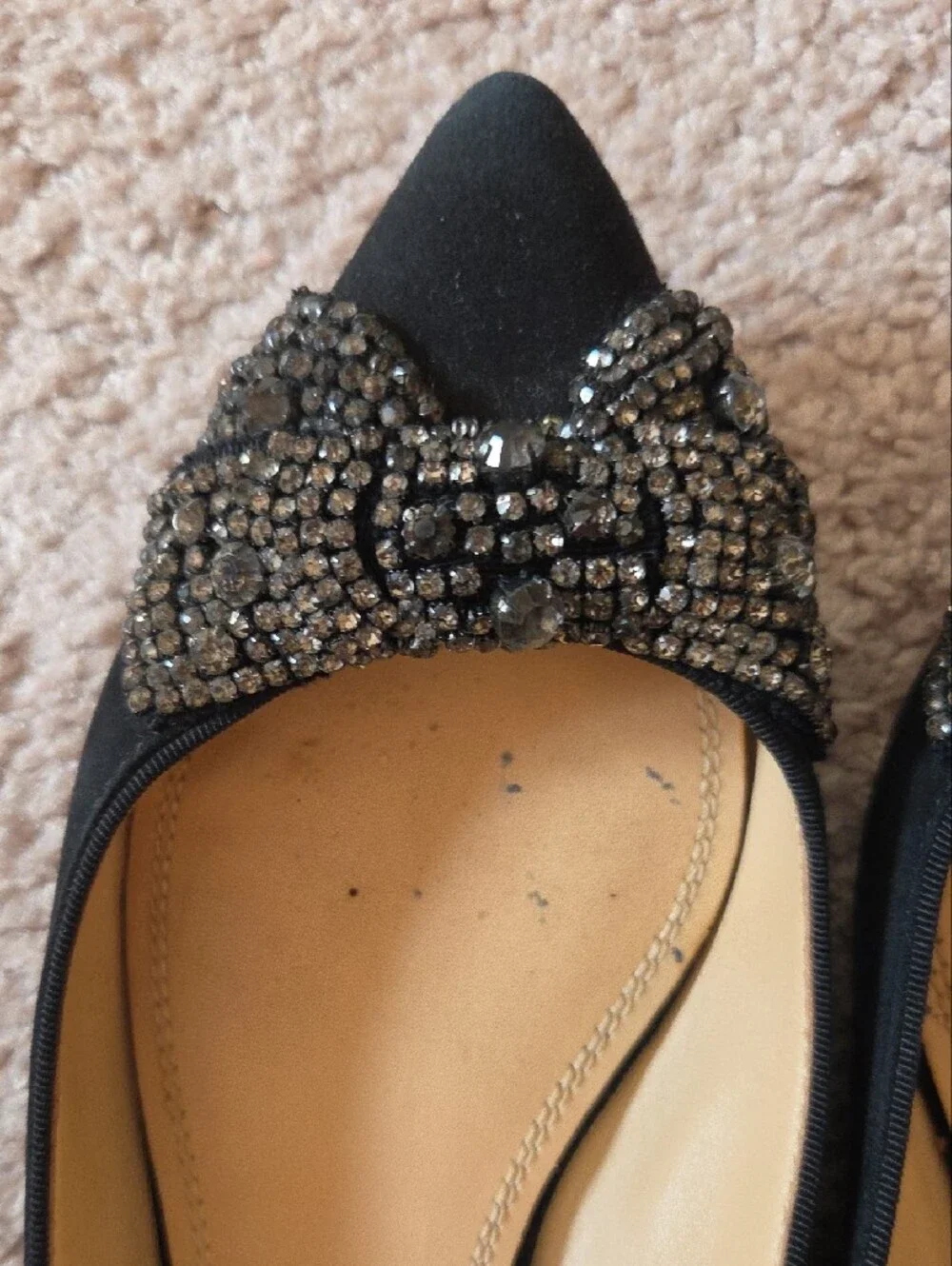 Tory Burch Black Pointed Toe Crystal Bow Flats